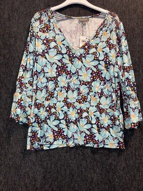 Style & Co. Womens 0X Navy Tunic with Light Blue Floral Print Peasant Boho